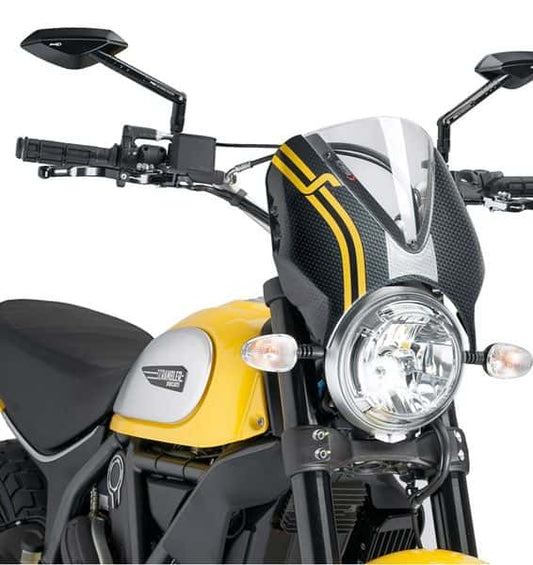 Puig Retrovision Nose Fairing | Carbon Look with Clear Screen | Ducati Scrambler Flat Track Pro 2016>2016 - Bikerr